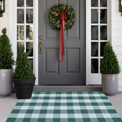Christmas Door Mat Outdoor 35.4''x59'' Buffalo Plaid Christmas Decor Rug Cotton Hand-Woven Layered Door Mats Washable Carpet for Front Porch, Kitchen, Farmhouse, Entryway