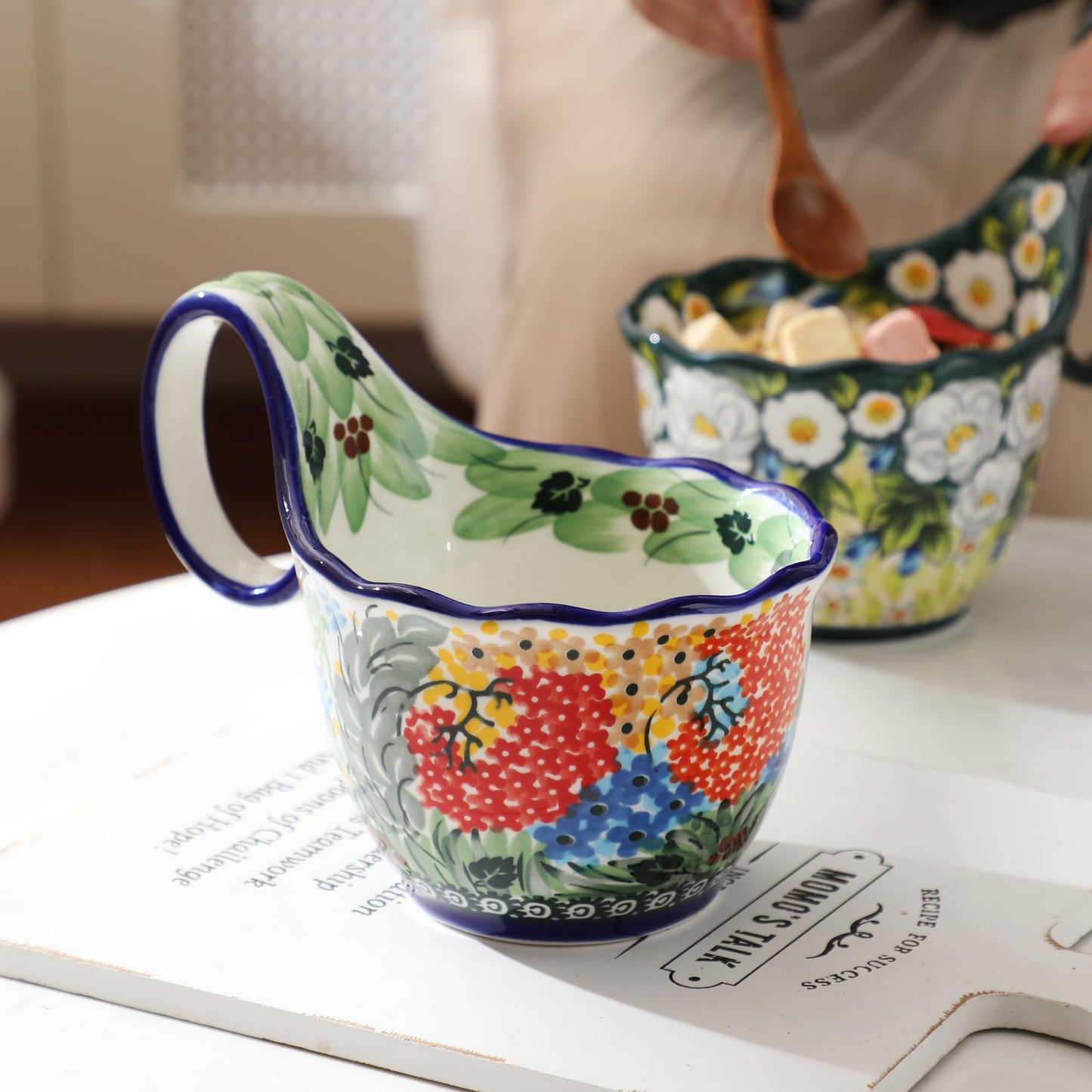 ALMA Handpainted Microwavable Soup Bowl with Loop Handle 18.6oz, Cereal Bowl With Handle Great for Berry, Fruits, Chili, Stew, Ice cream,Floral Soup Mug for Women