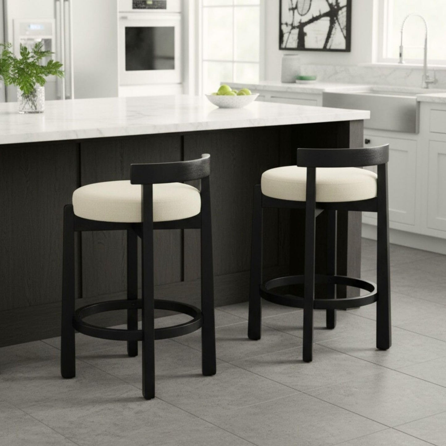 LukeAlon Mid Century Linen Counter Stools Set of 4, Upholstered 26.5” Seat Height Low Barstools with Natural Wood Legs Round Low Back Kitchen Stools with Footrest for Dining Room, Beige