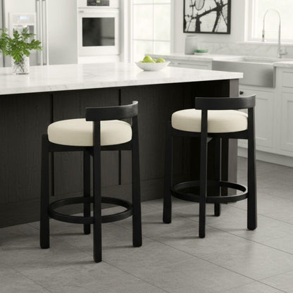 LukeAlon Mid Century Linen Counter Stools Set of 4, Upholstered 26.5” Seat Height Low Barstools with Natural Wood Legs Round Low Back Kitchen Stools with Footrest for Dining Room, Beige