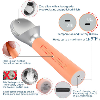 Heated Ice Cream Scoop Rechargeable, Electric Warming Ice Cream Scooper with LED Display, Heats to 158°F for Hard Ice Cream, Easy for Seniors & Kids, IP67 Waterproof (White, 2 oz)