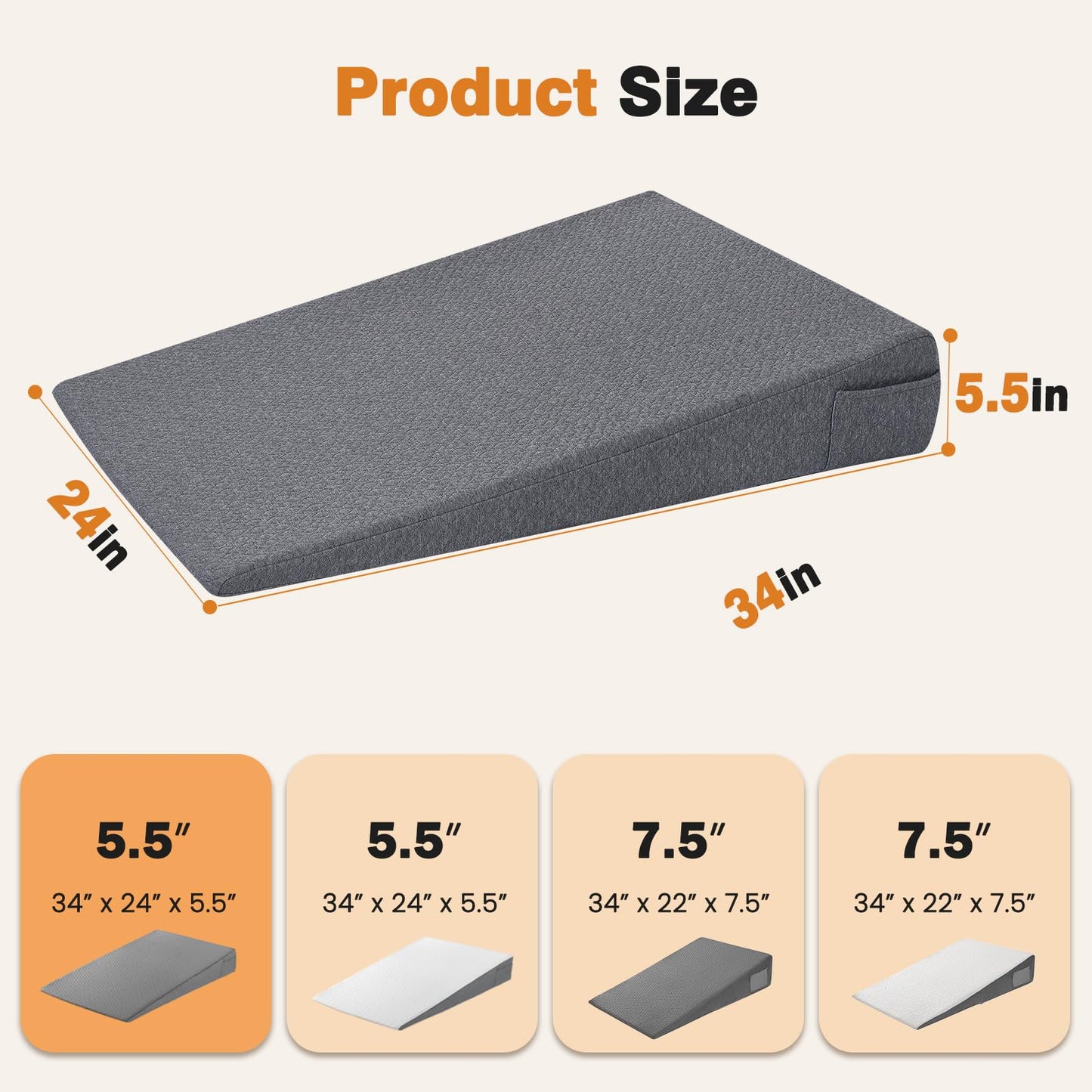 Vekkia King Bed Wedge Pillow for Headboard Gap, 0–6" Gap Filler with Side Pockets & Washable Cover, Gray 76"x10"x6"
