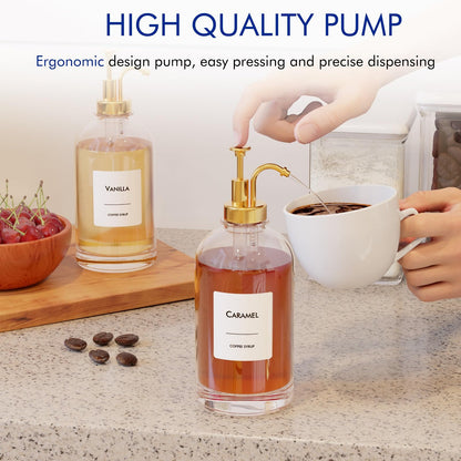 16.9 oz (500 ml) Coffee Syrup Dispenser Set- 4 Glass Bottles with Gold Pumper and Syrup Labels - Precise Dispensing and Stylish Addition to Coffee Shop, Cafe or Home Bar