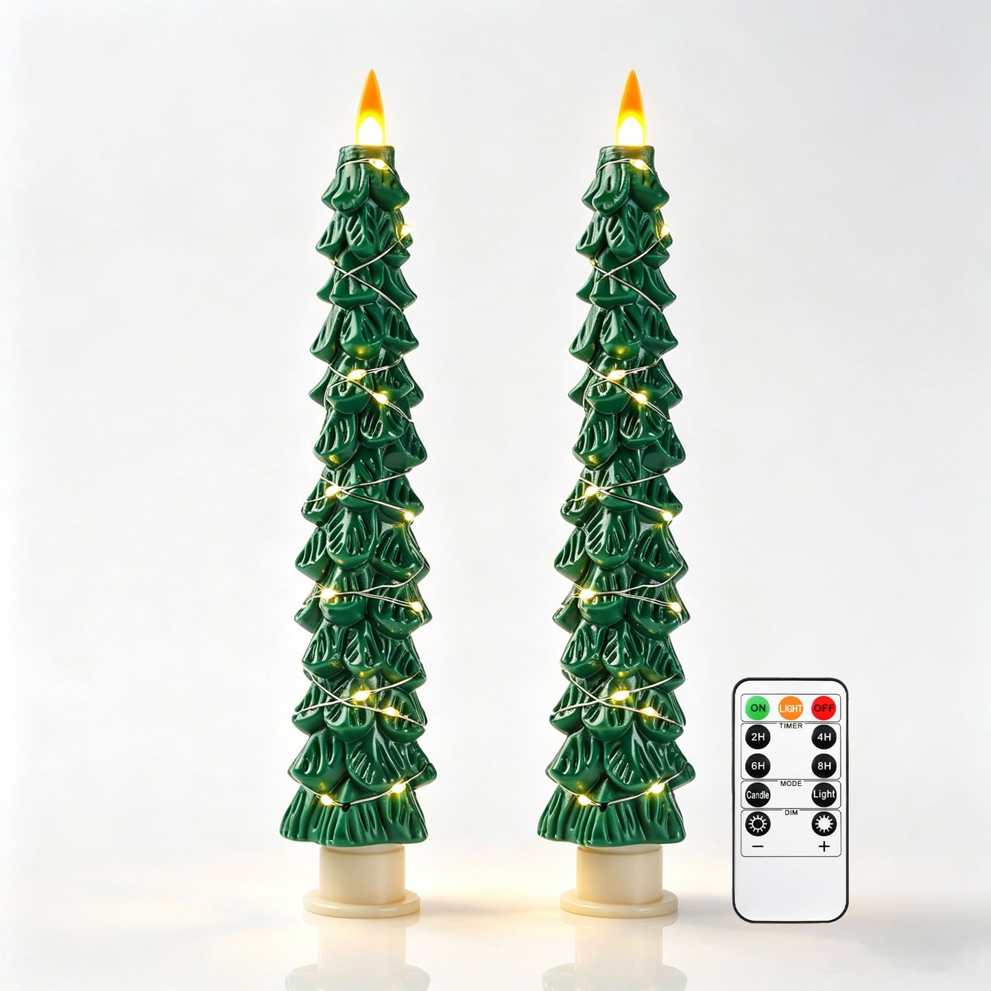 2 Pack White Christmas Tree LED Taper Candles, Flameless Flickering Candles with Copper String Lights, Upgraded Realistic Flame Effect, Battery Operated with Remote for Christmas Home Decoration