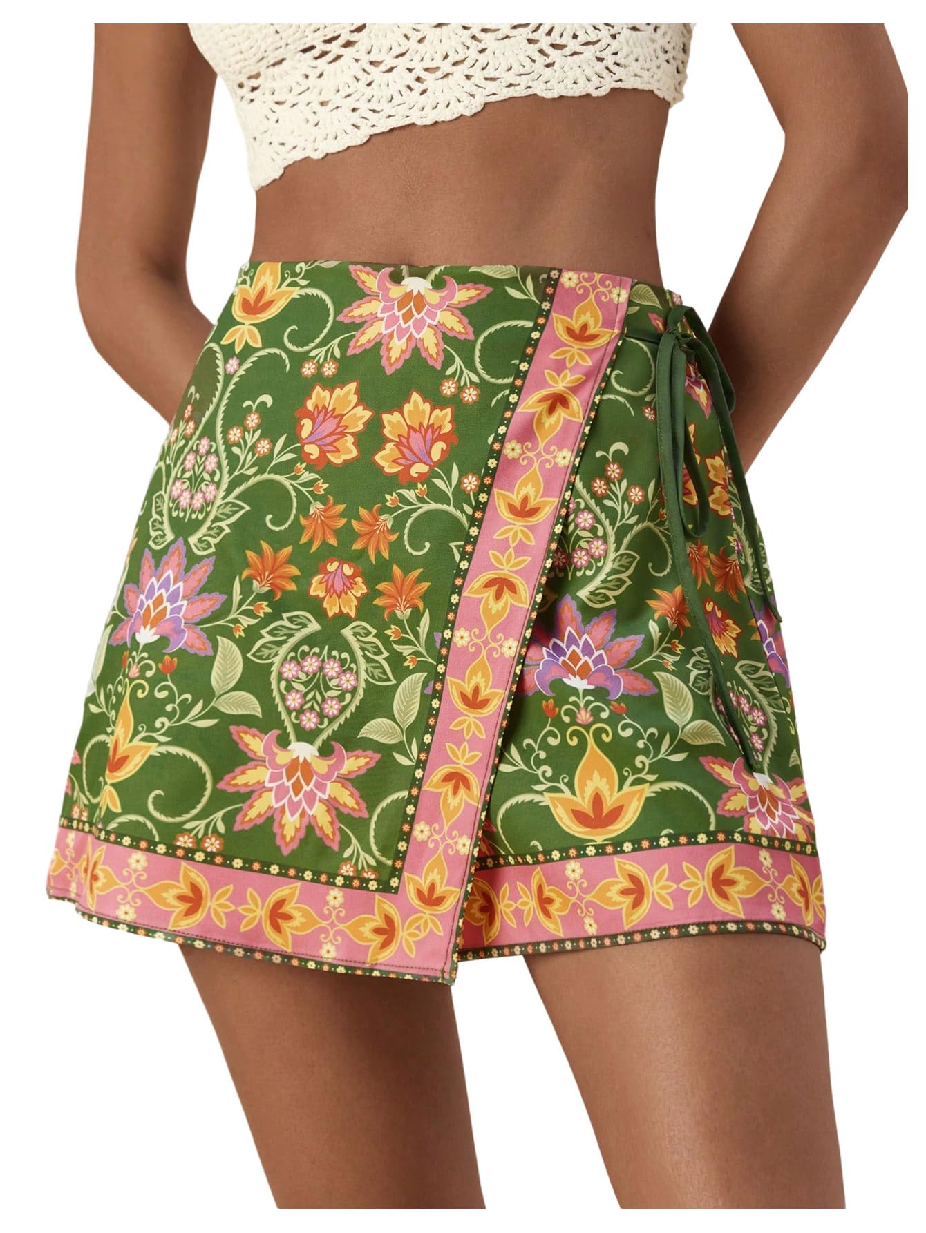 Sweatyrocks Women's Boho Mini Skirts Floral Shorts Tie Side Wrap Elastic Waist Summer Skorts Beach Vacation Outfits