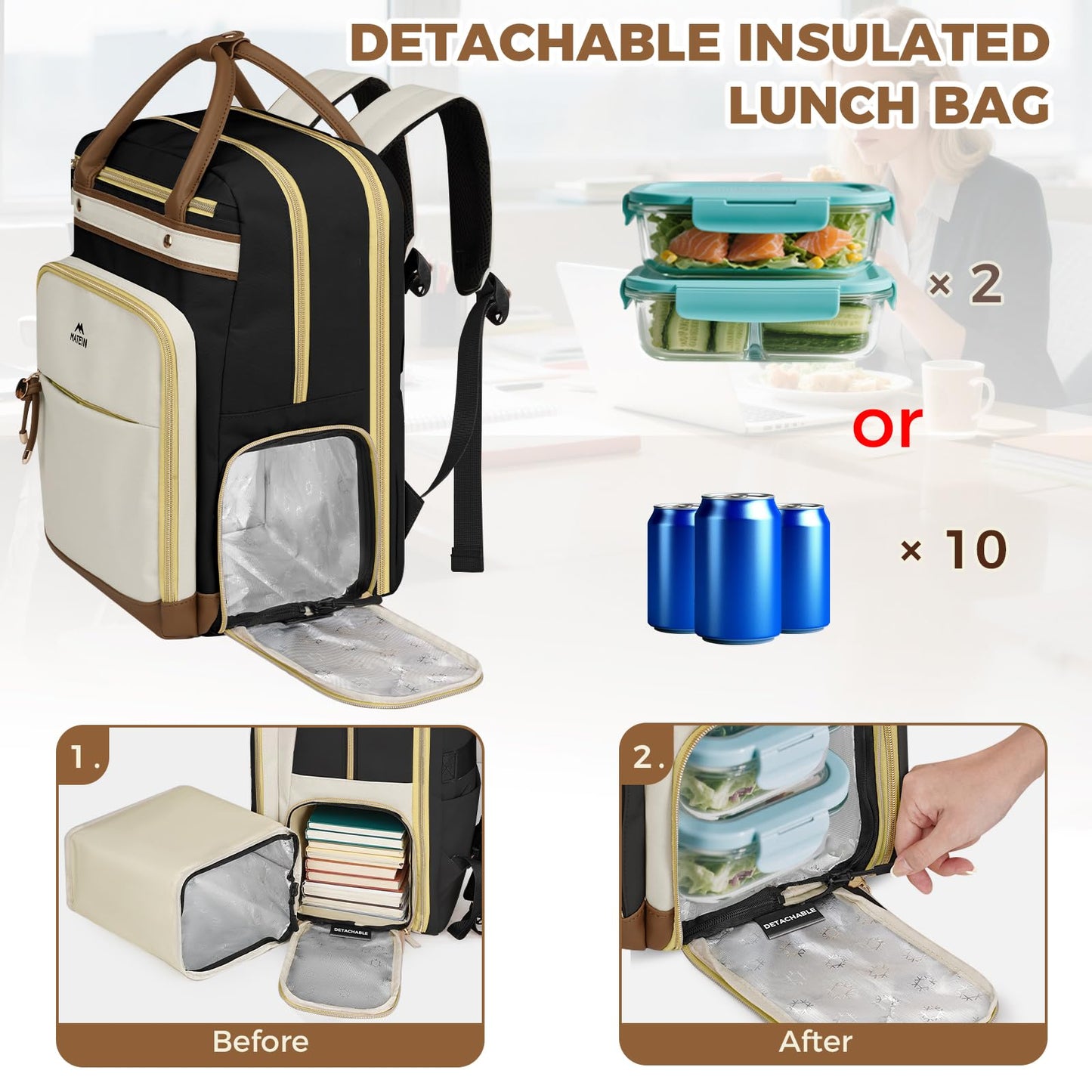 MATEIN Teacher Backpack with Lunch Compartment, 15.6 Inch Laptop Backpack | Detachable, with Organized Pocket, Commute Office College, Computer Backpacks for Men Women, Meal Prep Bag, Gift for Nurse