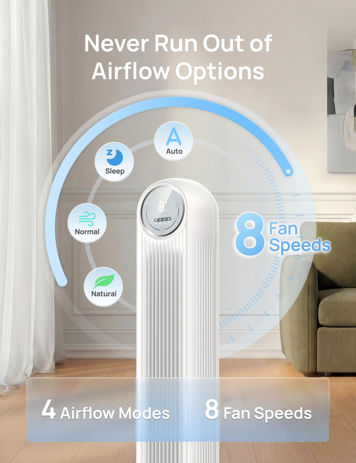 DREO Tower Fan for Bedroom, 2026 Upgraded DC Motor, 28ft/s High Velocity, 20dB Ultra Quiet Standing Fan, 8 Speeds 4 Modes, 90° Oscillating Bladeless Fan for Indoors, Floor Fans with Remote, Black