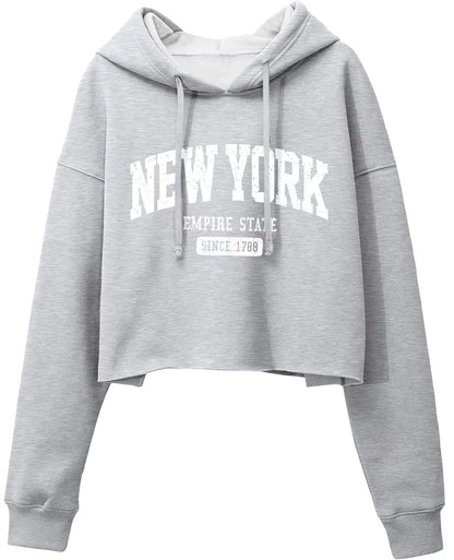 ORANDESIGNE Woman Graphic Print Cropped Hoodie Long Sleeve Fleece Pullover | 60% Cotton,Soft Fleece Fabric,Durable Letter Graphic Print,Drop Shoulder,Loose Fit,Easy Care,Going Out,Fall&Winter Casual