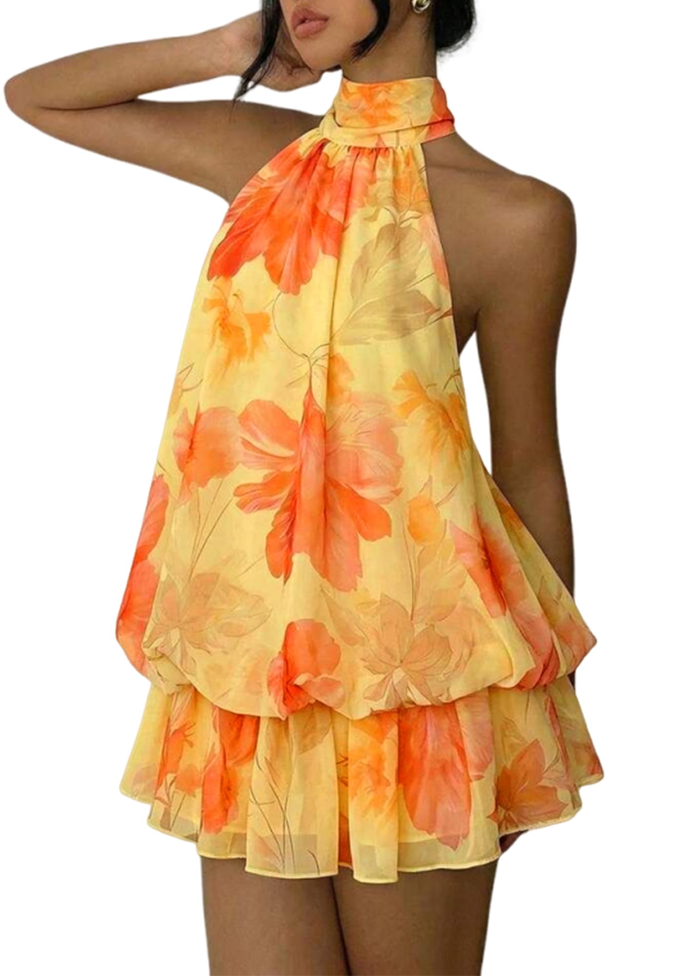 Women's Chiffon Halter Drop Waist Mini Dress Wedding Guest Dresses Ruffle Formal Club Holiday Brunch Outfits