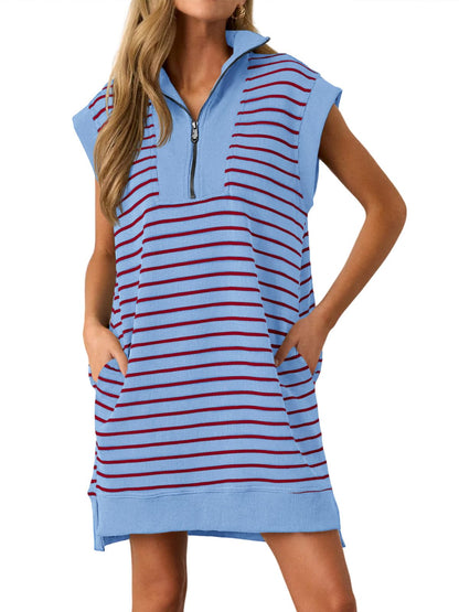 Wenrine Womens Striped Zipper Collar V Neck Loose Knit Summer Mini Dress