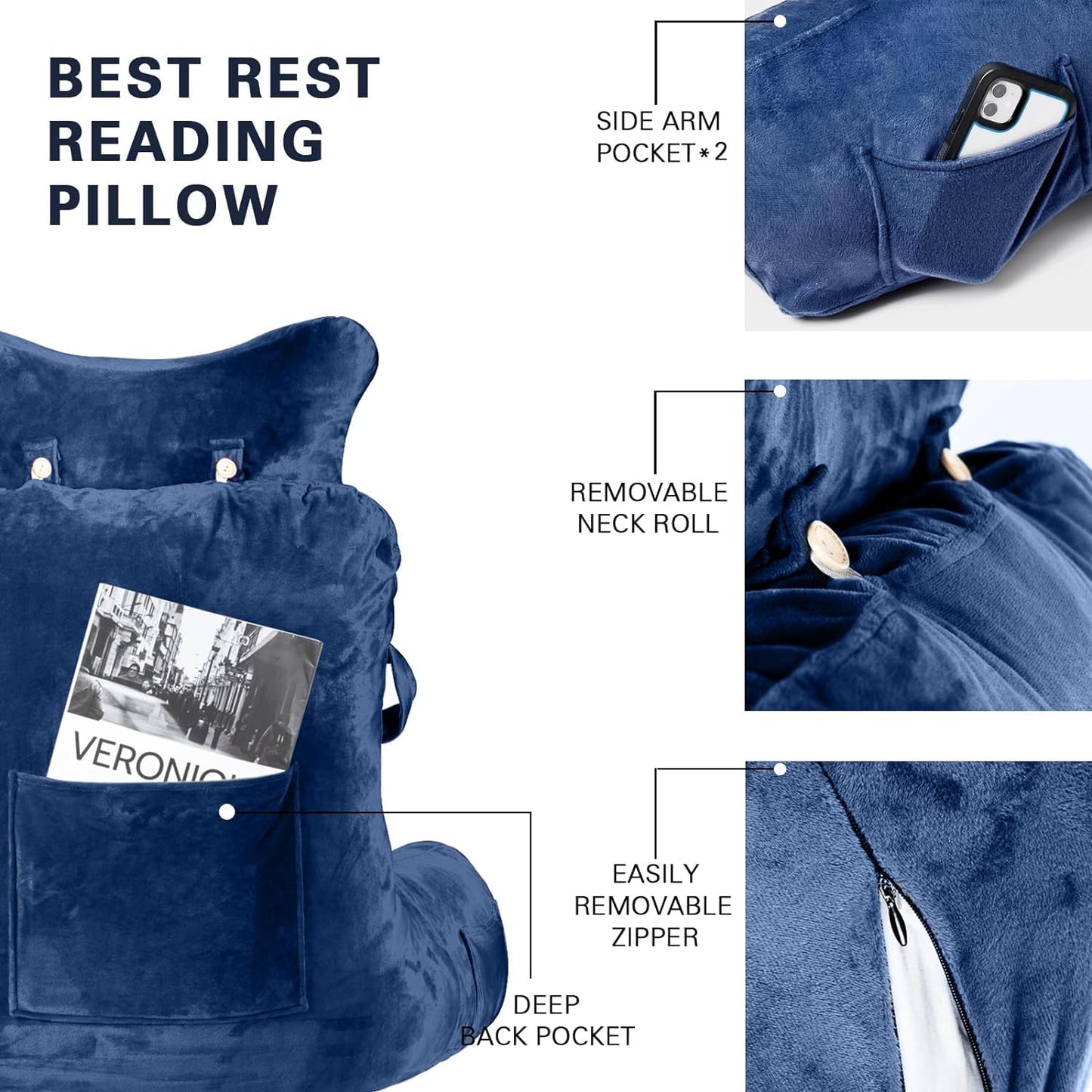 Reading Pillow-Extra Large 31" Bed Rest Pillow with Detachable Neck Roll & Arms for Sitting in Bed or Couch-Backrest Reading Pillow Adult Back Pillows for Reading,Watching TV,Gaming,Relaxing-Black