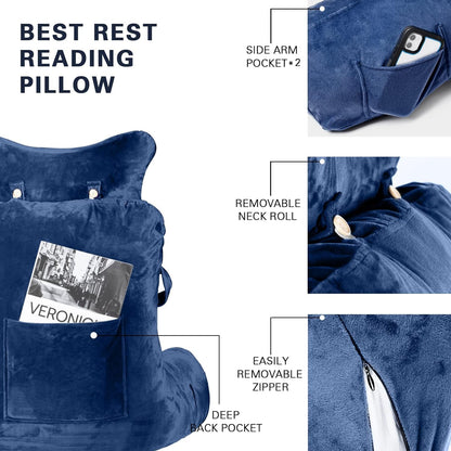 Reading Pillow-Extra Large 31" Bed Rest Pillow with Detachable Neck Roll & Arms for Sitting in Bed or Couch-Backrest Reading Pillow Adult Back Pillows for Reading,Watching TV,Gaming,Relaxing-Black