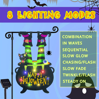 Halloween Lighted Garden Flag for Outside, Led Solar Yard Flag 8 Modes Witch Feet Shape Flag, 28x40 Double Sided Cauldron Eyeball Black Cat Decorations for Home Porch