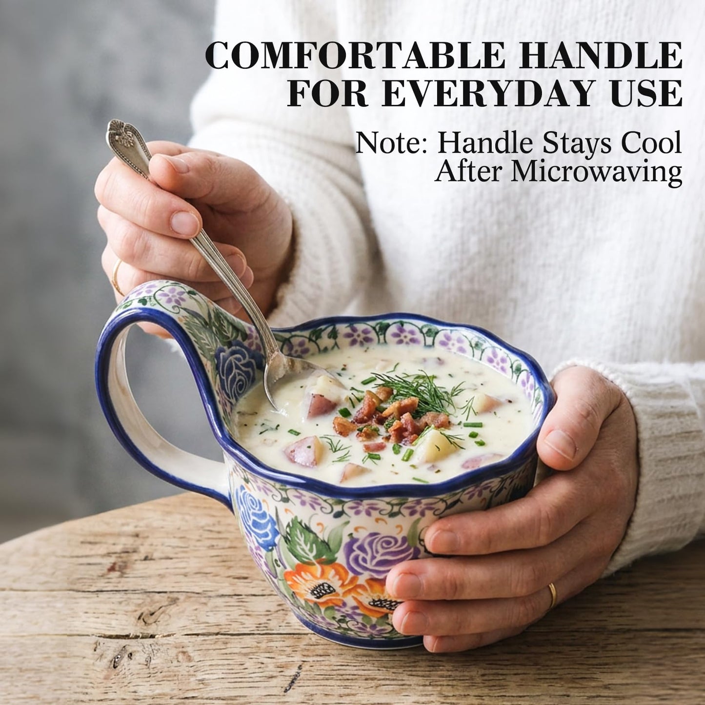 ALMA Handpainted Microwavable Soup Bowl with Loop Handle 18.6oz, Cereal Bowl With Handle Great for Berry, Fruits, Chili, Stew, Ice cream,Floral Soup Mug for Women