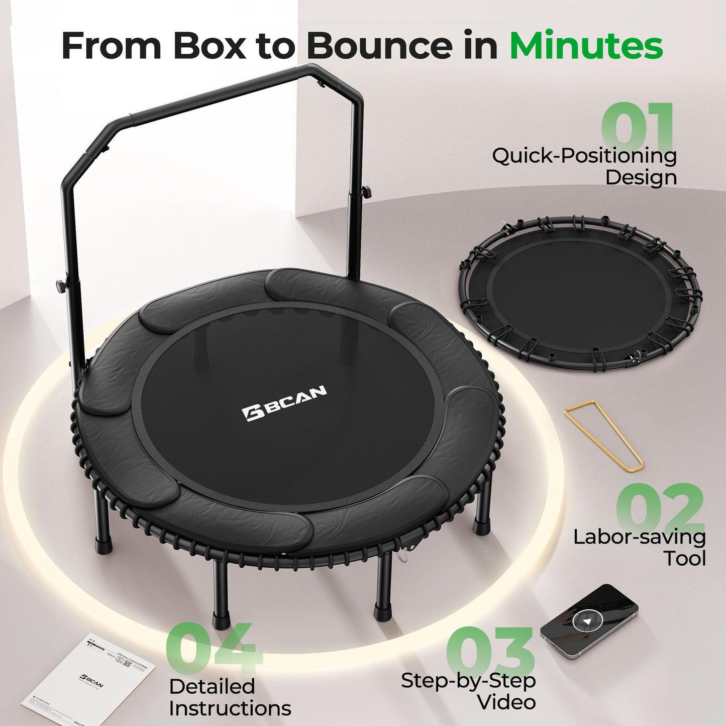 BCAN BT2 450/550LBS Mini Rebounder Trampoline for Adults with Bar, Fitness Trampoline with Bungees, Adjustable Handle, Stable & Quiet, Indoor Outdoor, Whole-Body Workout - 40IN/48IN | FED Fitness
