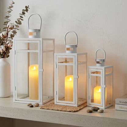 TRIROCKS Set of 3 Stainless Steel Candle Lantern 19/15/12'' High Metal Candle Holder with Tempered Glass Panels Perfect for Home Decor Living Room Parties Events Tabletop Indoors Outdoors (Rose Gold)