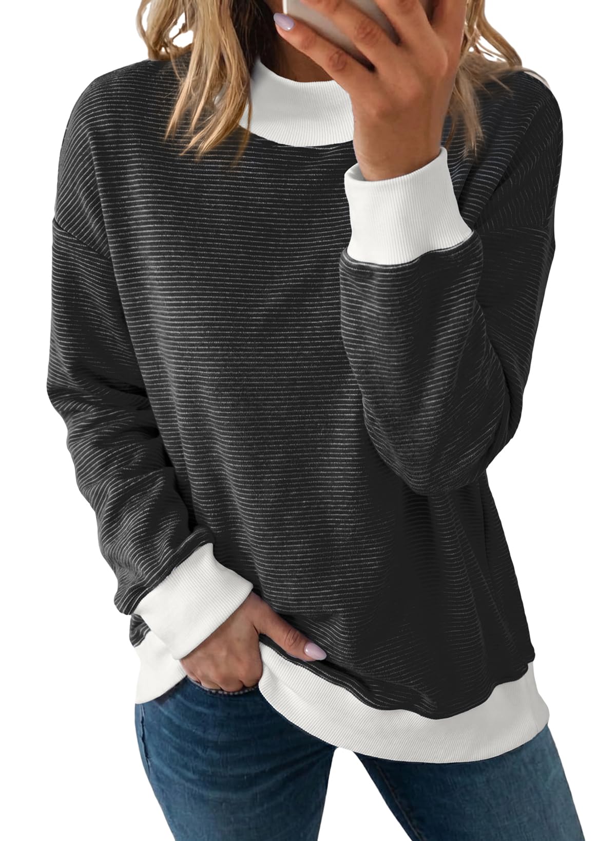 Dokotoo Striped Sweatshirt for Women Oversized Mock Neck Pullover Tops 2026