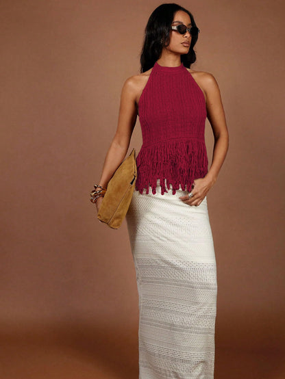 SweatyRocks Women's Boho Fringe Halter Tops Sleeveless Open Back Summer Knit Crochet Tank Top