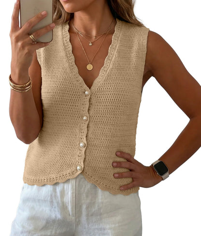 GRECERELLE Women's Summer Sleeveless V Neck Sweater Vest Knit Tank Top | Button Front Closure, Crochet Knit Design, Casual Style, Cropped Fit, Versatile Layering, for Office, Travel