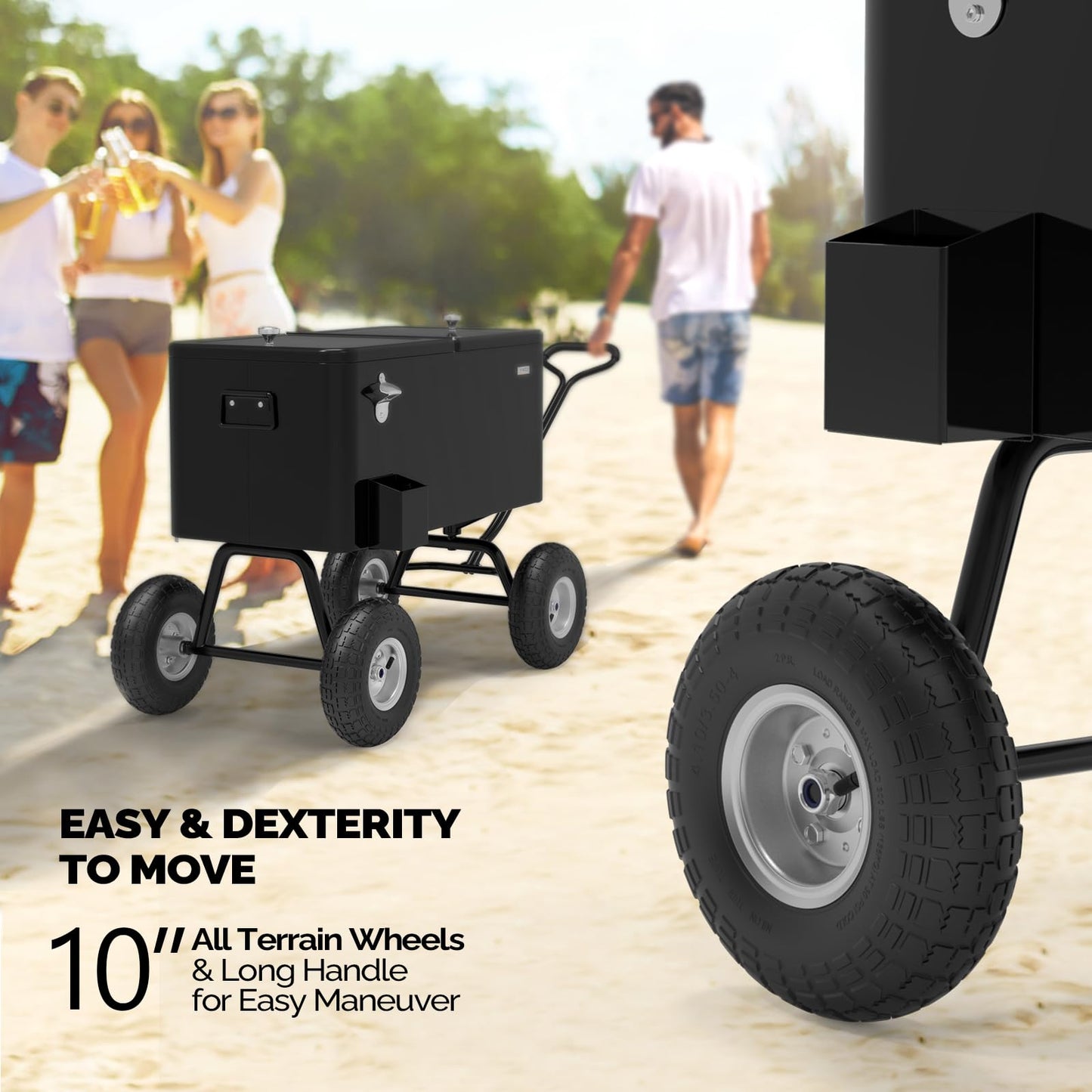 VINGLI 80 Quart Wagon Rolling Cooler Ice Chest, w/Long Handle and 10" Wheels, Portable Beach Patio Party Bar Cold Drink Beverage, Outdoor Park Cart on Wheels