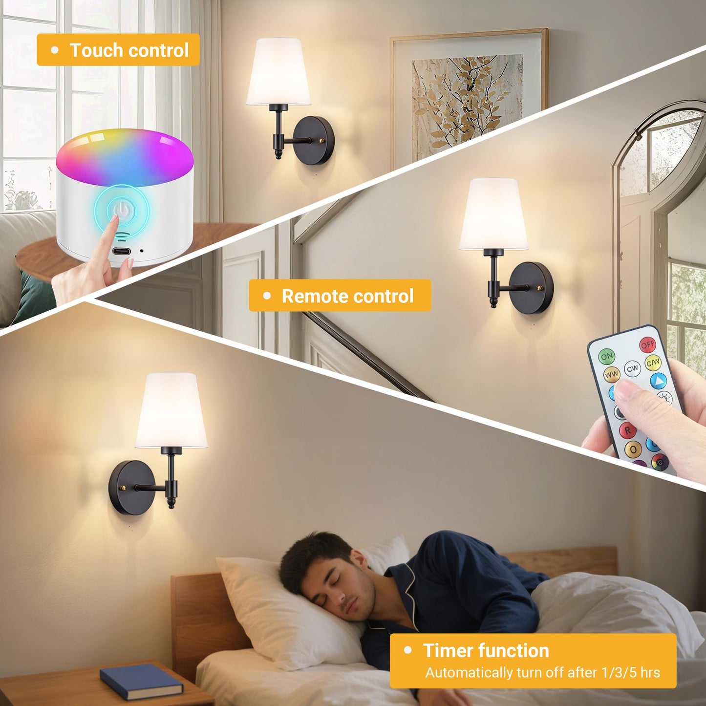 YHCDLAMP Battery Operated Wall Sconce Light with Remote Control, Dimmable Wall Sconce Set of 2 with White Fabric Shade, Wireless Battery Operated Wall Lamp for Bedroom Living Room, Bulb Included