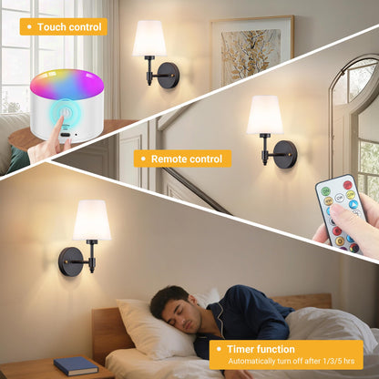 YHCDLAMP Battery Operated Wall Sconce Light with Remote Control, Dimmable Wall Sconce Set of 2 with White Fabric Shade, Wireless Battery Operated Wall Lamp for Bedroom Living Room, Bulb Included