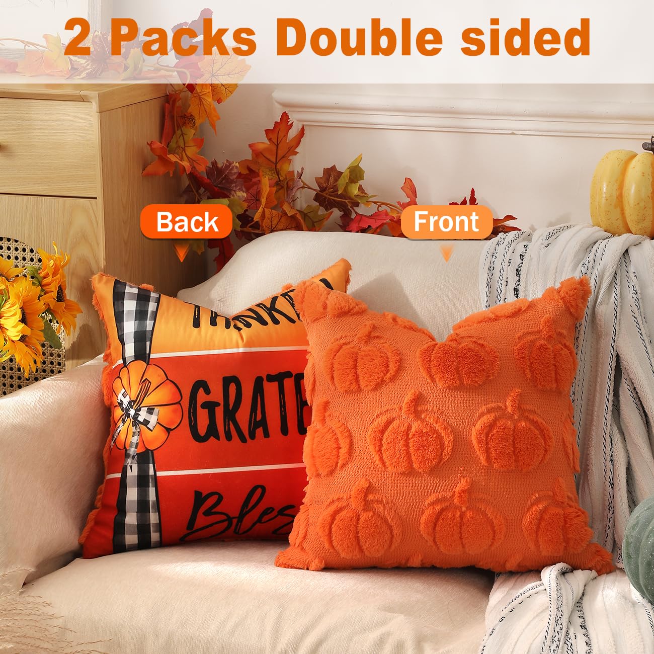 TOYPOPOR Halloween Decorations, 2 Packs Double Sided Ghost Pillow Covers, Soft Fur Throw Pillow Cases Indoor outdoor Pumpkin Couch Cushion Case for Fall Autumn Bedroom Living Room Home Decor 18''x18''