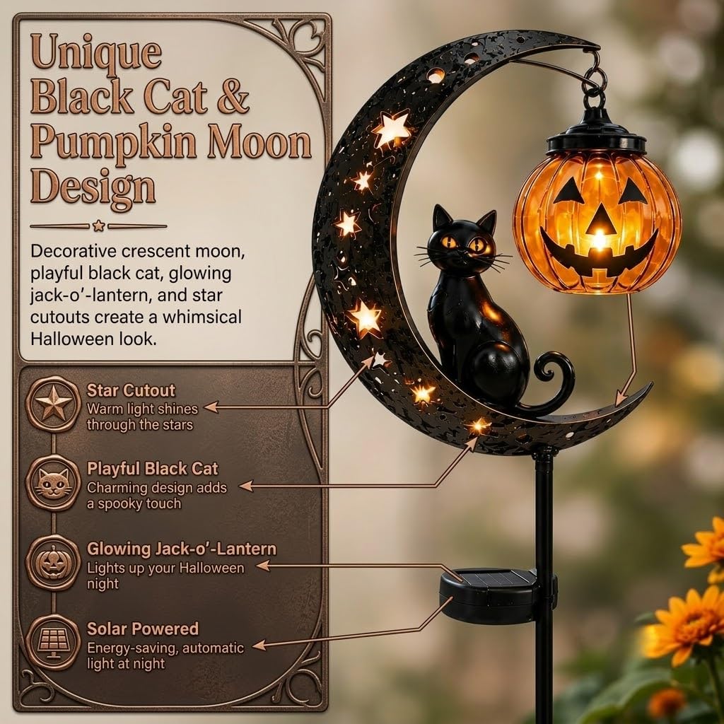 Solar Halloween Black Cat & Pumpkin Moon Garden Stake Light, Waterproof Solar Black Cat on Crescent Moon with Hanging Pumpkin Lantern, Outdoor Halloween Yard Decor for Garden, Patio, Lawn, Pathway