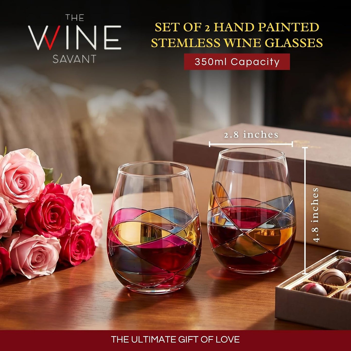 Artisanal Hand Painted Stemless Wine Glasses - Everyday Celebrations, Gift Idea for Wife, Mom, Valentine, Holiday Renaissance Romantic Stain-glassed Windows, 2 Set - Gift Idea Birthday, Housewarming