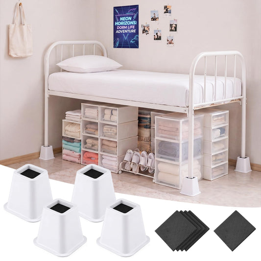 Novabright 4 Pack 12 Inch College Dorm Bed Risers Heavy Duty Extra Plastic Dorm Bed Extender Stackable Furniture Risers for College Room Storage Sofa Table Desk Couch Chair(White)