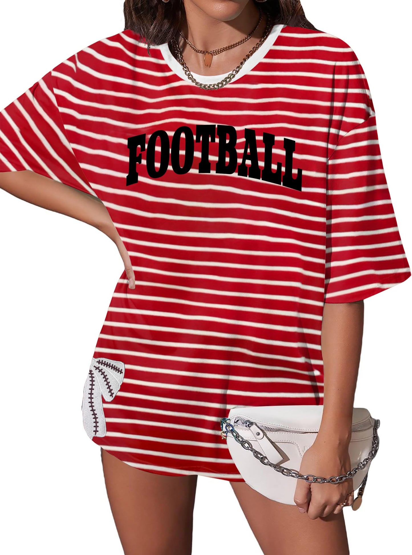 Football Shirts for Women Oversize Game Day T-Shirts Bow Side Split T-Shirt | Football Season Graphic Tee Tops Oversize Football Graphic Short Sleeve Tee Top