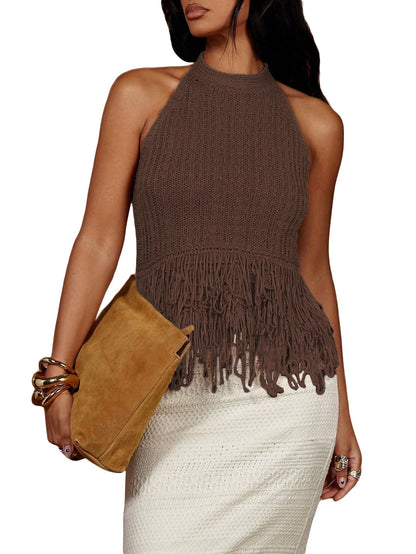 SweatyRocks Women's Boho Fringe Halter Tops Sleeveless Open Back Summer Knit Crochet Tank Top