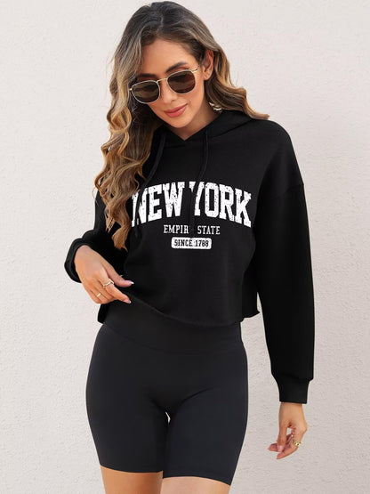 ORANDESIGNE Woman Graphic Print Cropped Hoodie Long Sleeve Fleece Pullover | 60% Cotton,Soft Fleece Fabric,Durable Letter Graphic Print,Drop Shoulder,Loose Fit,Easy Care,Going Out,Fall&Winter Casual