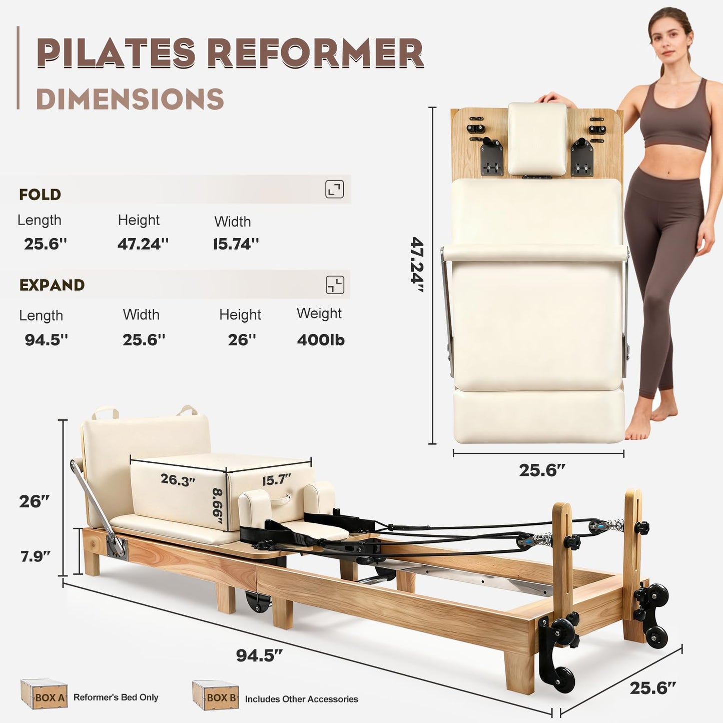 Pilates Reformer Machine, Foldable Oak Wood Pilates Reformer, Studio-Grade Pilates Equipment, 5-Spring Resistance Pilates Trainer, Home Gym Pilates Machine, Full Body Workout Pilates Reformer