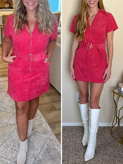 Doshoop Women's Corduroy Mini Dress Short Sleeve Cowboy Dresses