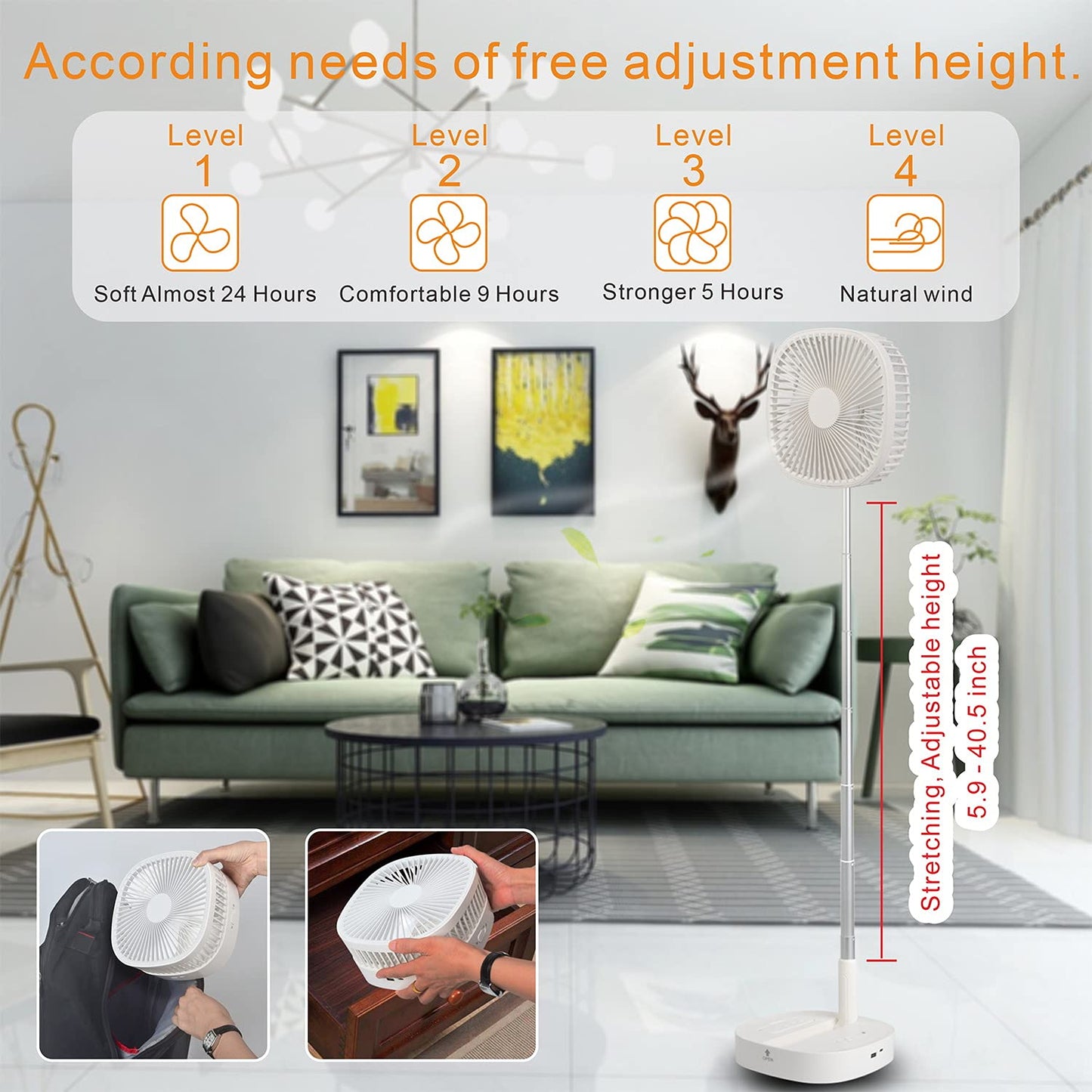 Magesh Portable Pedestal Fan - Foldaway Standing Fan Foldable Desk Fan, Use 7200Mah Rechargeable Battery, Remote Control Telescopic 4 Speed Quiet Timer Fan for Home Kitchen Outdoor Camping (Pink)