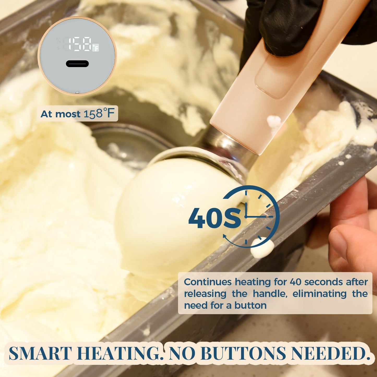 Heated Ice Cream Scoop Rechargeable, Electric Warming Ice Cream Scooper with LED Display, Heats to 158°F for Hard Ice Cream, Easy for Seniors & Kids, IP67 Waterproof (White, 2 oz)