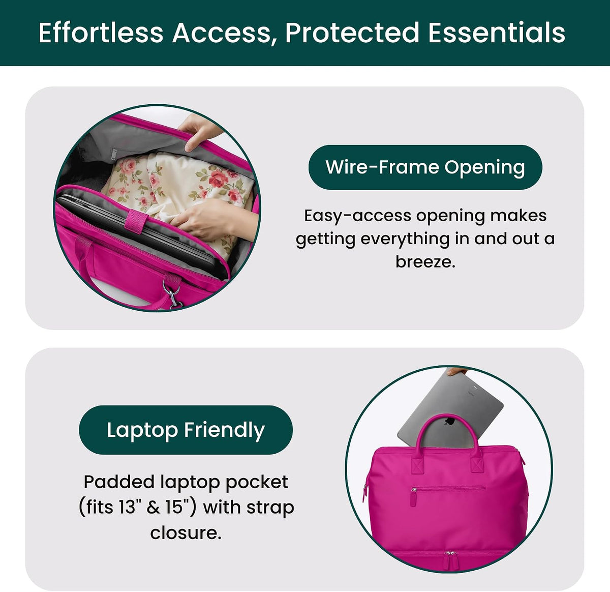 Nobl Travel Weekender Bag for Women & Men, Large Carry-On Duffel, Hot Pink