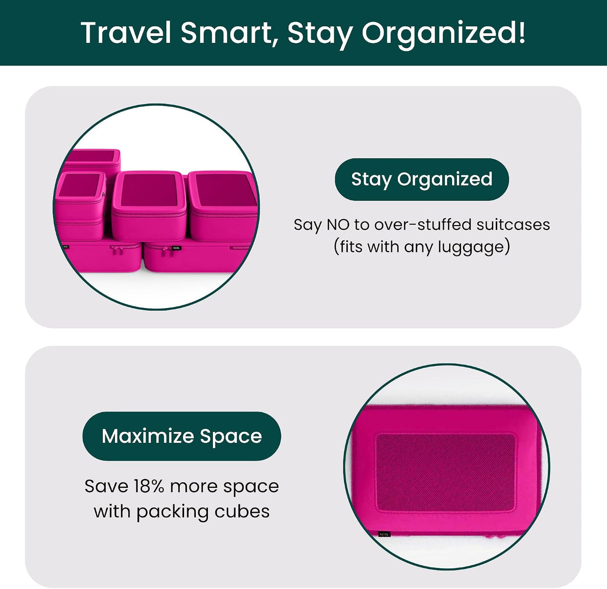 NOBL Travel Compression Packing Cubes Set of 6 Luggage Organizers, Hot Pink