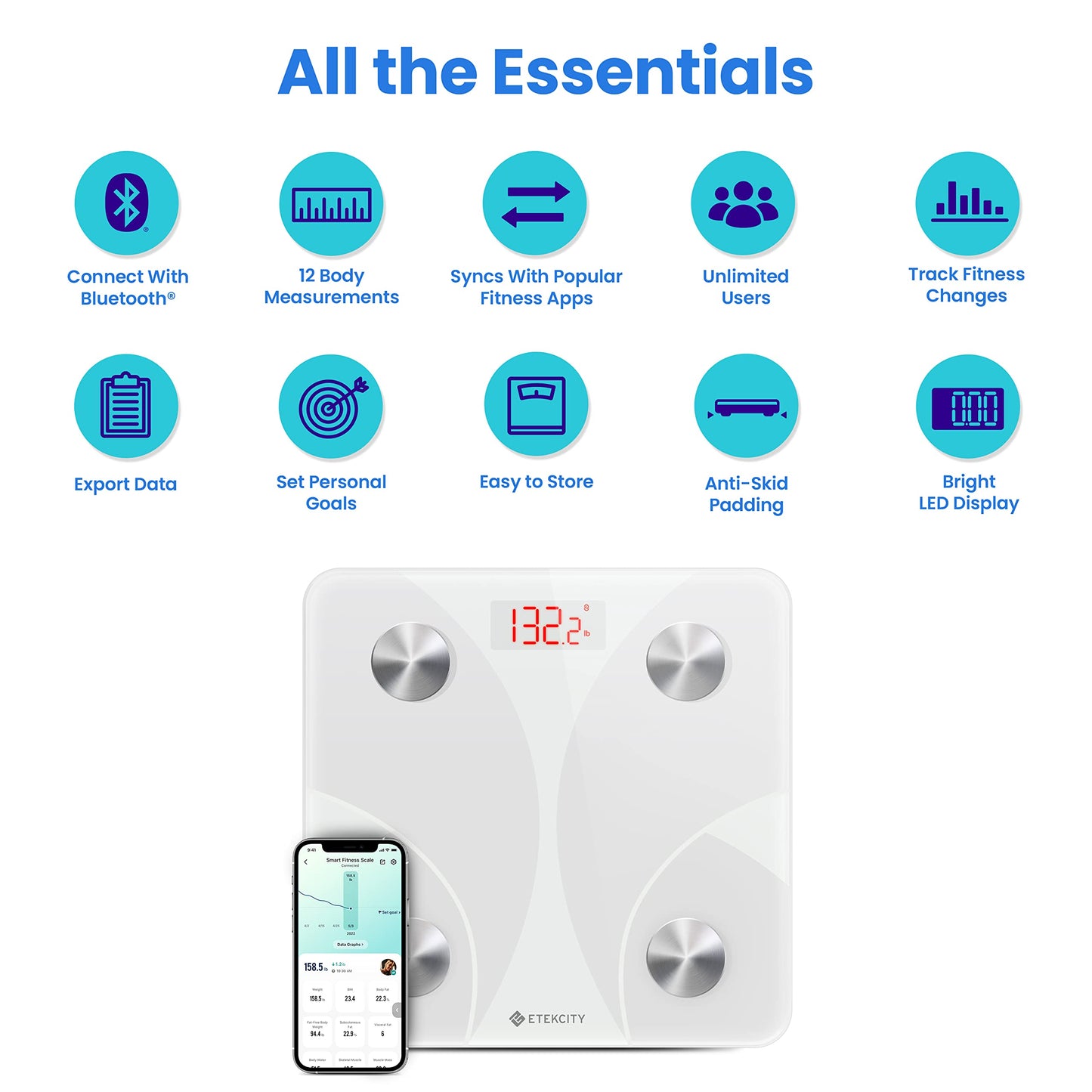 Etekcity Upgraded Smart Scale for Body Weight, FSA&HSA Eligible, Bathroom Digital Scale with BMI, Body Fat, Muscle Mass, 13 Metrics with a Large Display, Support Offline Mode and Apps Connection