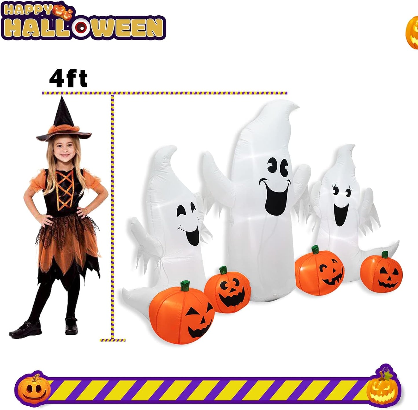 7FT Length Halloween Inflatable Ghosts and Pumpkins, 3 Ghosts Inflatables with Led Lights for Home Yard Lawn Indoor Halloween Outdoor Decoration