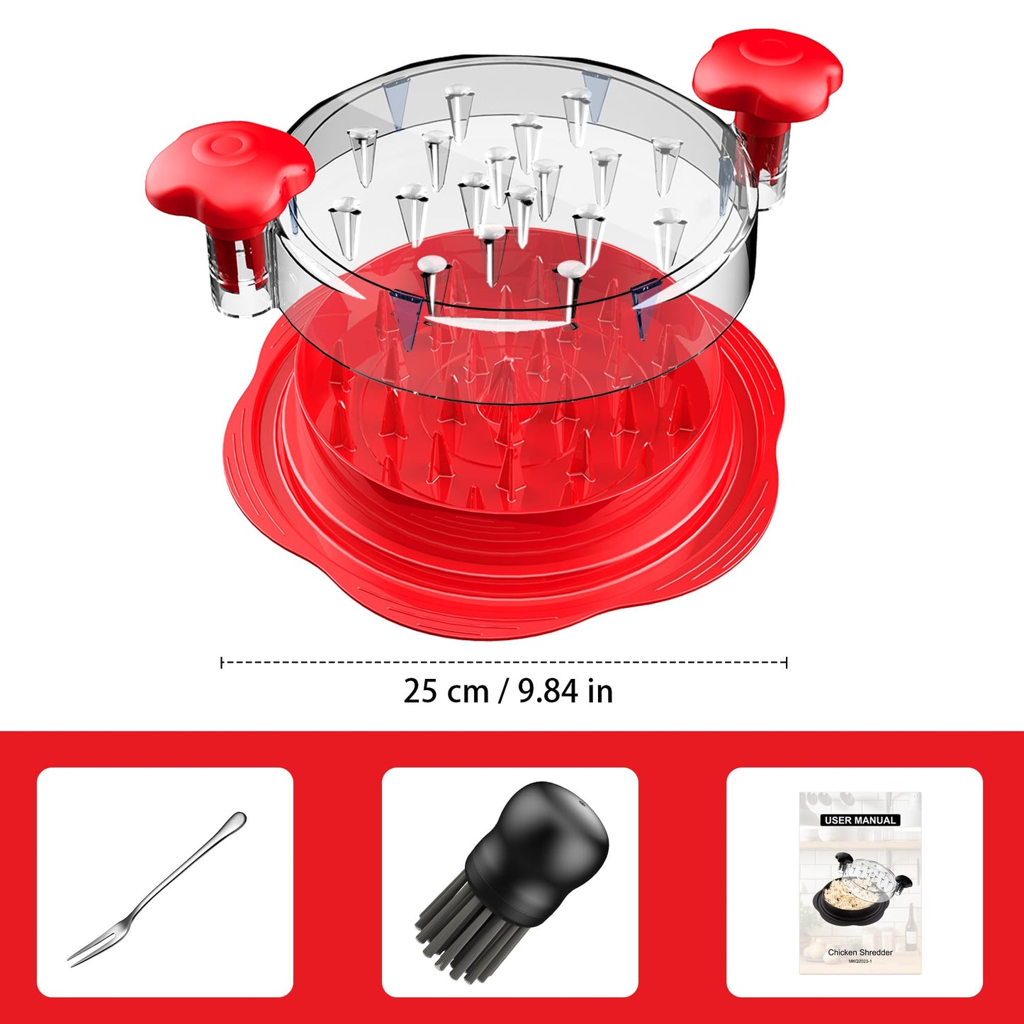 SURETIVIAN Chicken Shredder Tool Twist Large Chicken Breast Shredder with Brush&Fork, Visible Meat Shredder Machine, Anti-Slip Strip, Ergonomic Handle, BPA Free, Pork Beef Chicken(Hot Pink)
