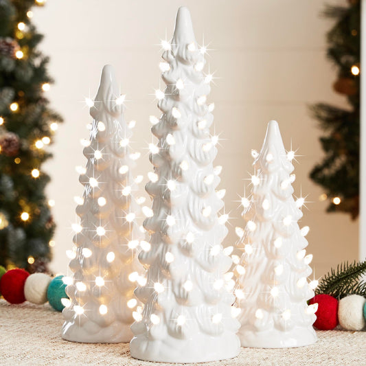 Best Choice Products Set of 3 Ceramic Christmas Trees, Pre-Lit Hand-Painted Tabletop Holiday Decoration w/Multicolor Bulbs, LED Lights – Green
