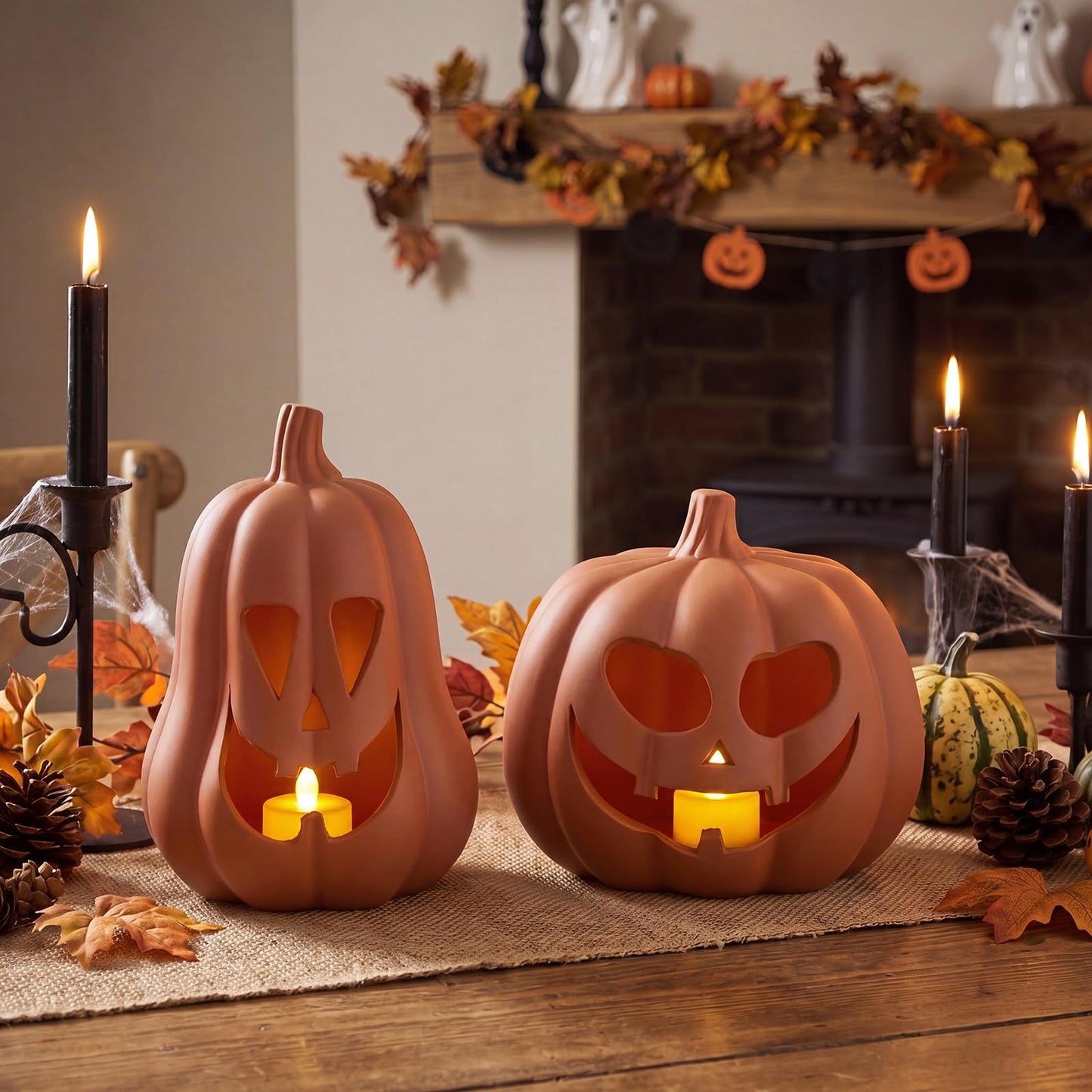 Tioncy 2 Pack Fall Decor Halloween Decorations Terracotta Pumpkin Decoration Handmade Clay Pumpkin Jack-o-Lantern Halloween Tealight Holder Rustic Farmhouse Fall Home Decor for Table(Orange)