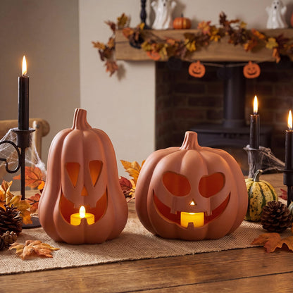 Tioncy 2 Pack Fall Decor Halloween Decorations Terracotta Pumpkin Decoration Handmade Clay Pumpkin Jack-o-Lantern Halloween Tealight Holder Rustic Farmhouse Fall Home Decor for Table(Orange)