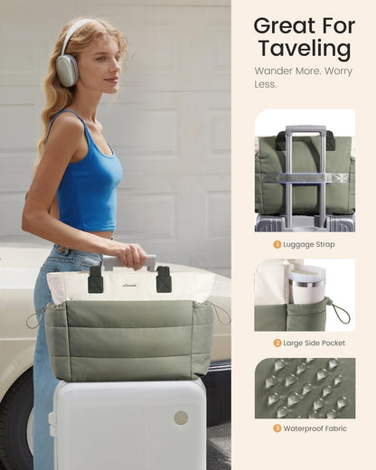 Lovevook Tote Bag for Women with Giant Tumbler Holder Pocket, Puffer Work Travel Laptop Handbag with Zipper for Nurse Teacher