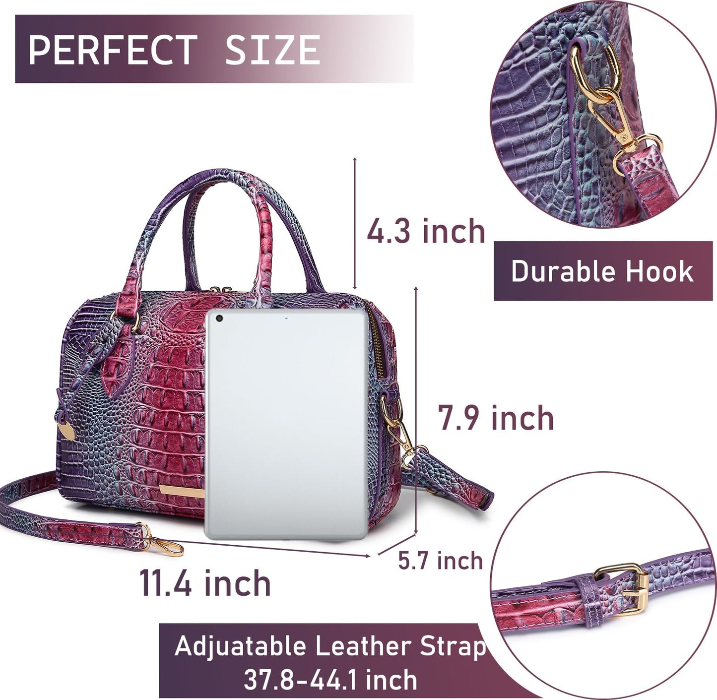 Makcr Joacbv Crocodile Handbag for Women Top Handle Leather Shoulder Purse | Glossy crocodile-embossed vegan leather with rolled handles, buckle details, a structured dome shape, and adjustable strap.