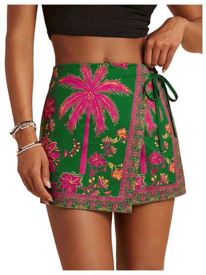 Sweatyrocks Women's Boho Mini Skirts Floral Shorts Tie Side Wrap Elastic Waist Summer Skorts Beach Vacation Outfits