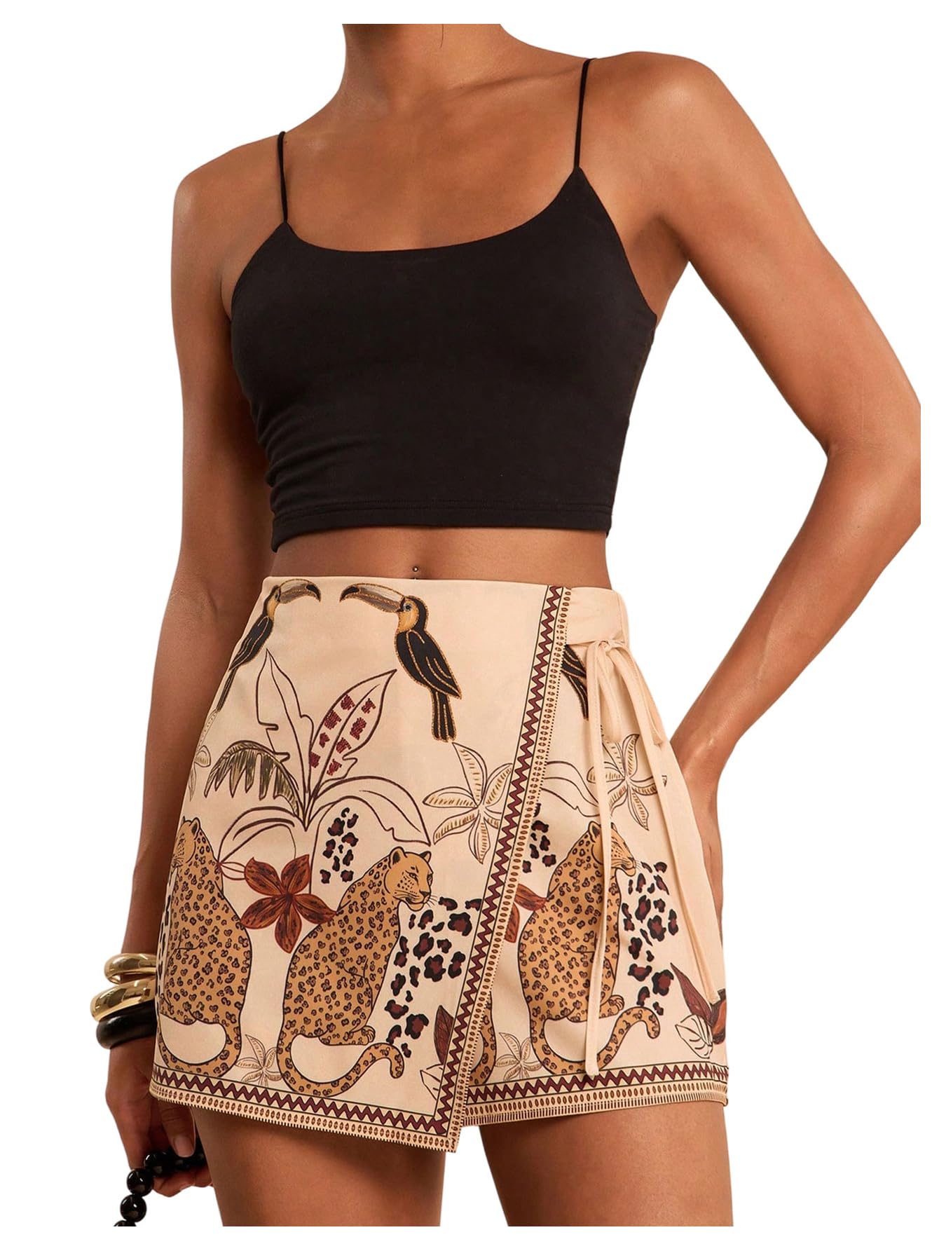 Sweatyrocks Women's Boho Mini Skirts Floral Shorts Tie Side Wrap Elastic Waist Summer Skorts Beach Vacation Outfits