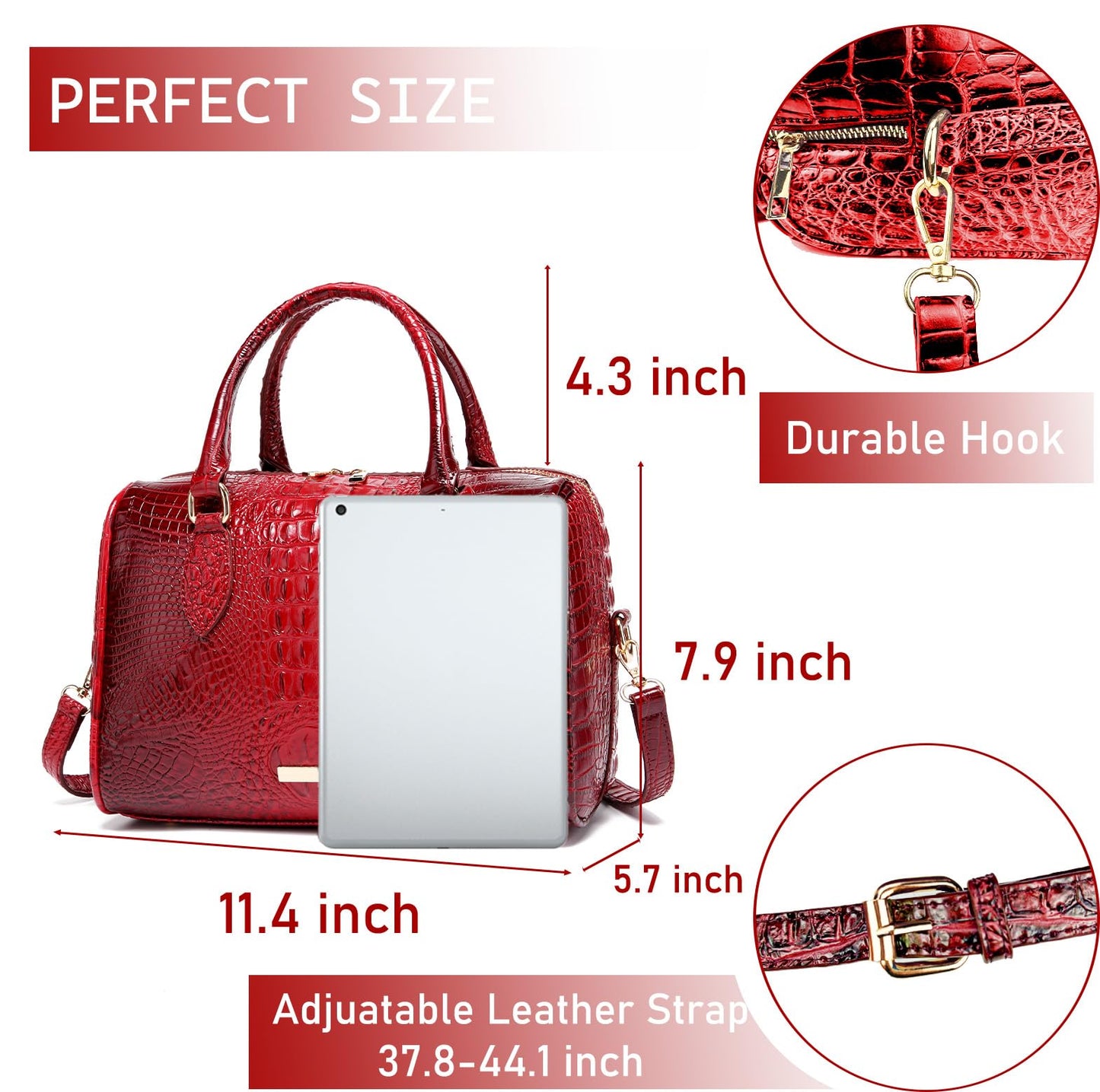 Makcr Joacbv Crocodile Handbag for Women Top Handle Leather Shoulder Purse | Glossy crocodile-embossed vegan leather with rolled handles, buckle details, a structured dome shape, and adjustable strap.